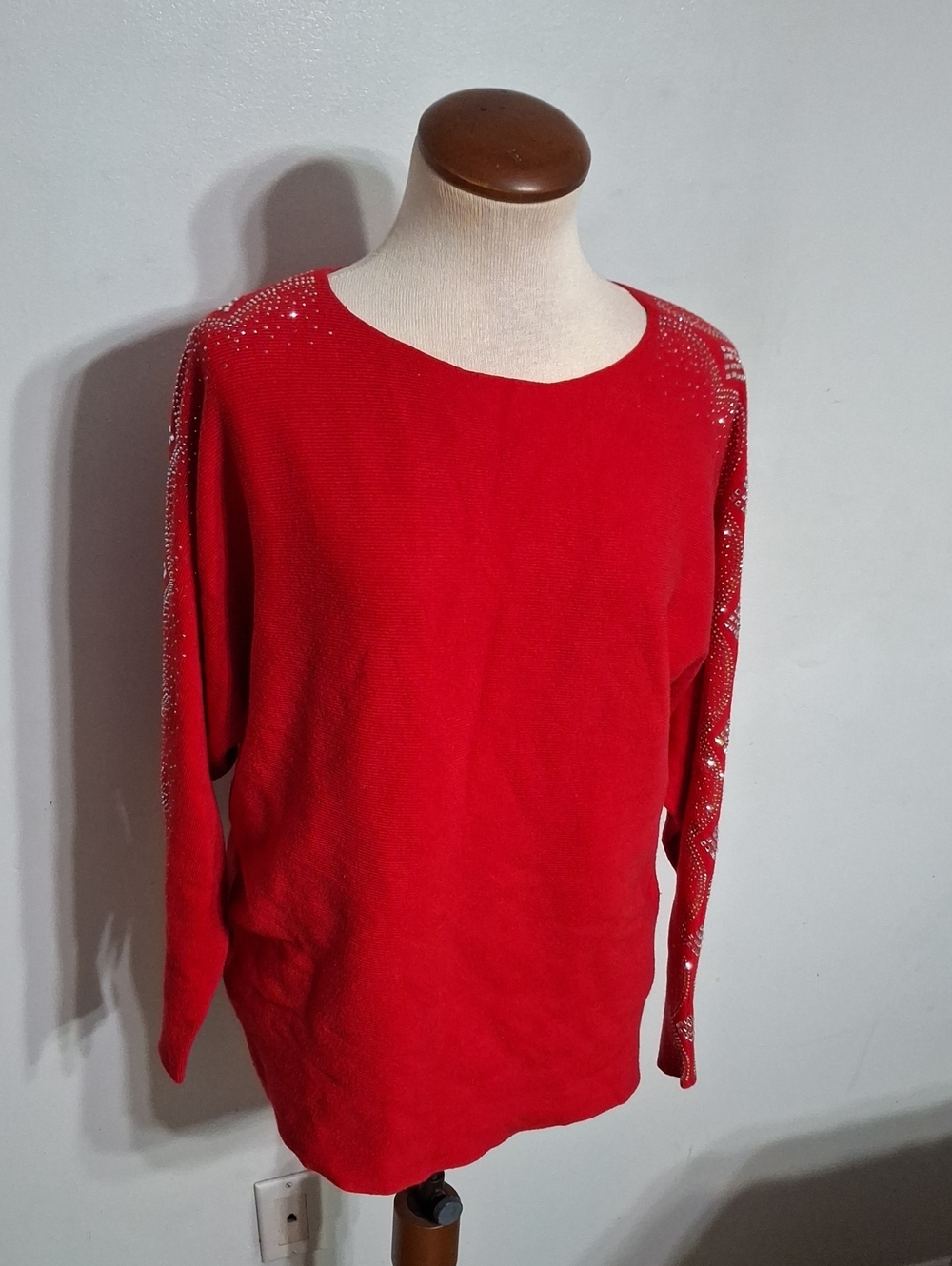 VILA Red Knit Sweater with Rhinestone Accents- W Sz Medium